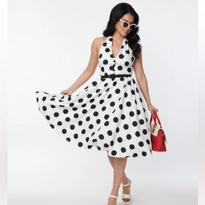 Unique Vintage 1950s White & Black Dot Halter Swing Dress - 3X/20
